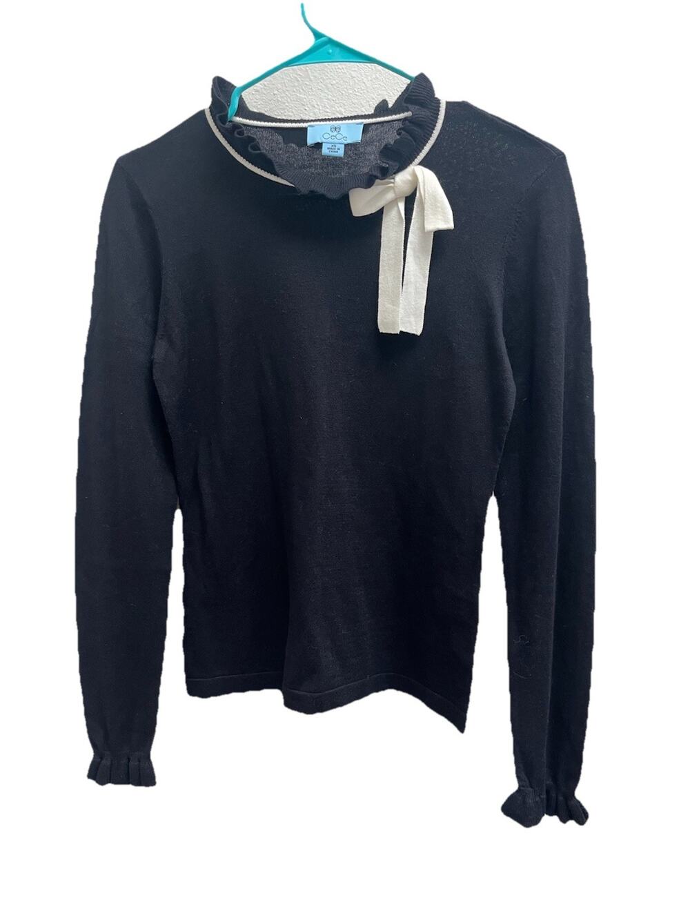 CeCe Women XS Black Sweater Ivory Bow Ruffle Mock Neck Sleeves Coquette Preppy